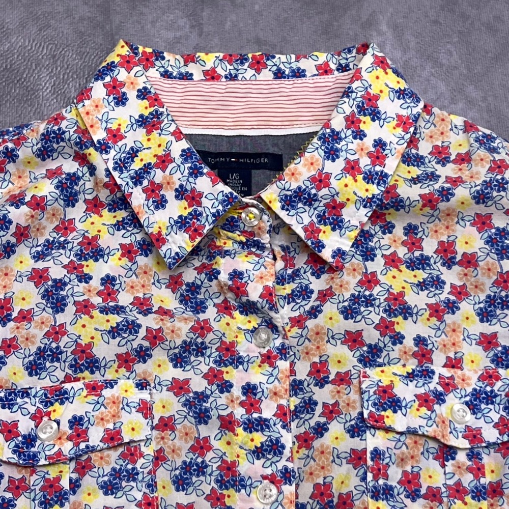 Tommy Hilfiger Floral Button Down Womens Large Multicolor Cotton Roll Tab Shirt